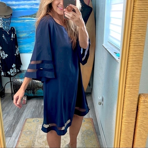 ⭐️Lightweight, Navy Blue Dress, Dress Up or Down, Lovely, Sheer Striped Hems, L - Picture 8 of 10